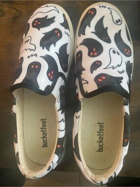 Bucket Feet White & Black Ghost Print Slip-On Sneakers with Orange Accents